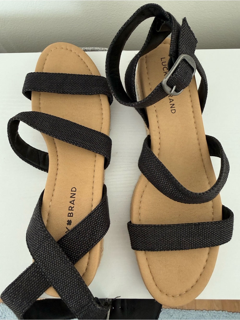Lucky Brand Black Strappy Ankle Low Cork Wedge Espadrille Buckle Sandals 9.5